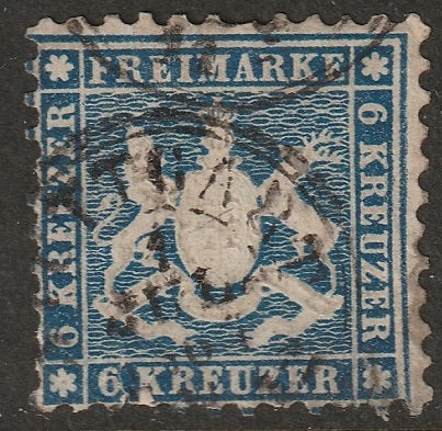 Wurttemberg 1864 Sc 37 used Stuttgart cancel darker blue small tear