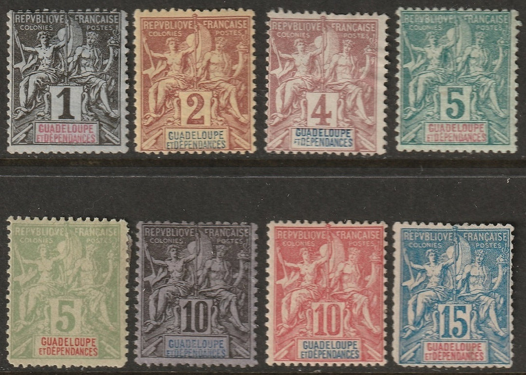 Guadeloupe 1891 Sc 27-34 partial set low values MH*/MNG(*)