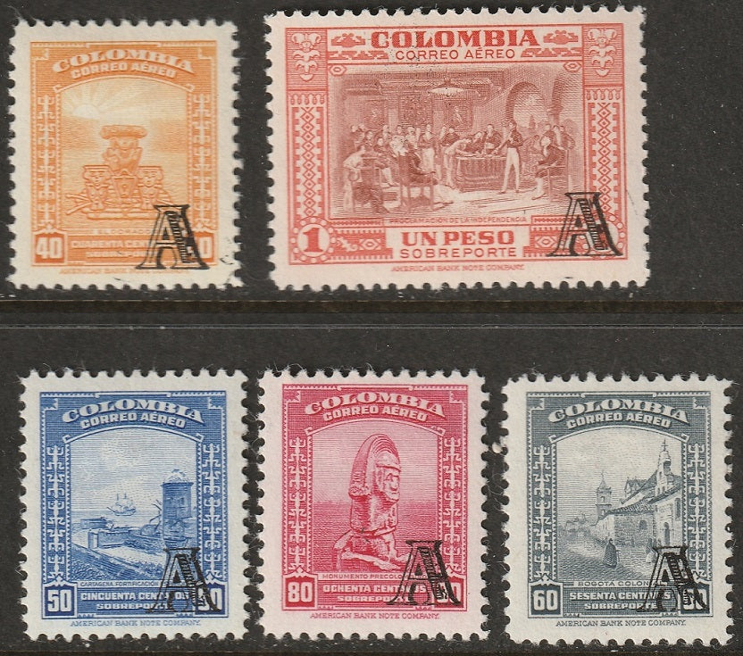 Colombia 1951 Sc C208-12 air post partial set MH*