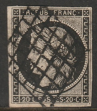 France 1849 Sc 3a used grille cancel black on white