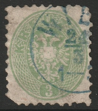 Austria 1864 Sc 23 used blue Wien cancel thins/damaged corner