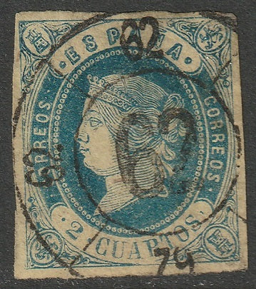 Spain 1862 Sc 55 used cartwheel "62" (Tuy) cancel dark blue