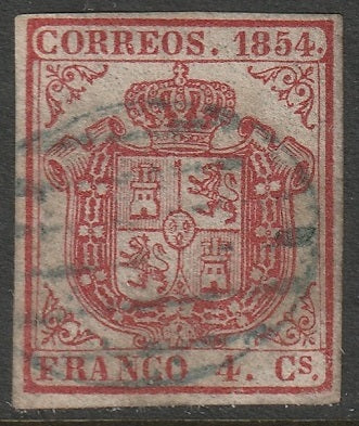 Spain 1854 Sc 25 used blue grid cancel thin white paper