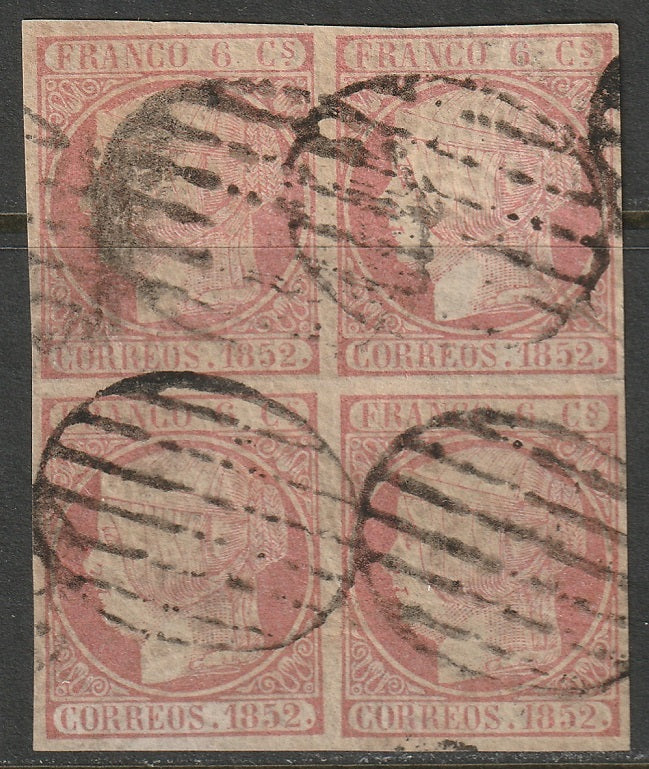 Spain 1852 Sc 12a block used grid cancels thin paper