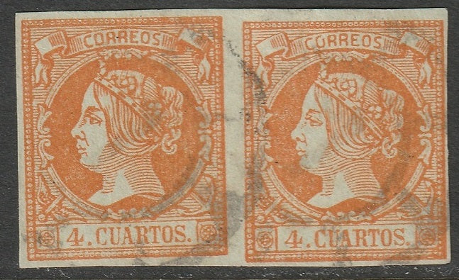 Spain 1860 Sc 50 var pair used cartwheel "7" (Sevilla) cancel right "broken O" variety