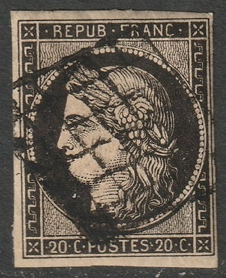 France 1849 Sc 3 used grill cancel paper adhesion