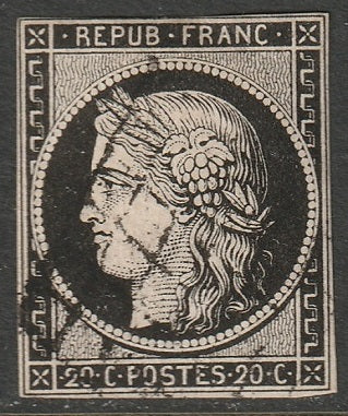 France 1849 Sc 3a used grill cancel