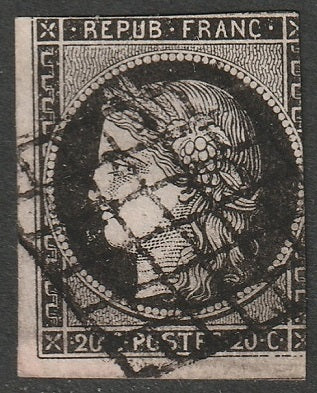 France 1849 Sc 3a used grill cancel thin