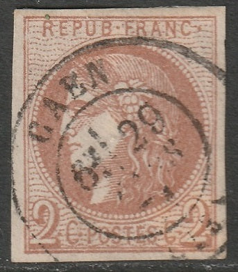 France 1870 Sc 39 used Caen cancel repaired thins