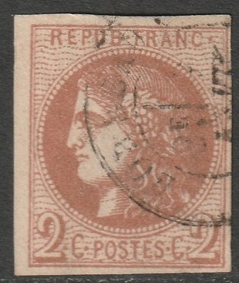 France 1870 Sc 39 used Bordeaux cancel repaired corner