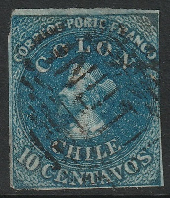 Chile 1862 Sc 12b used blued paper small corner thin