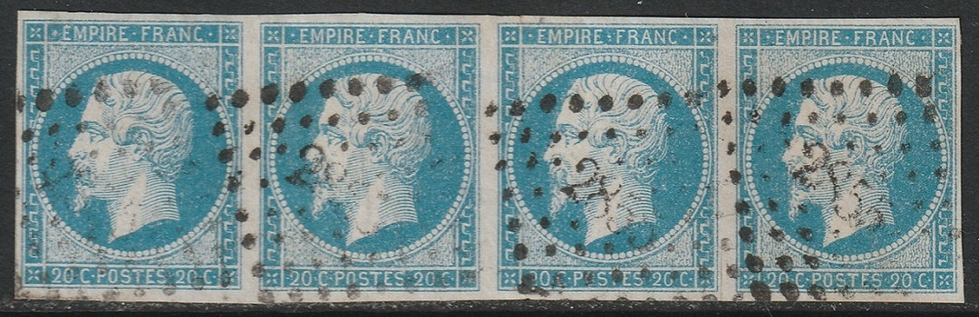 France 1854 Sc 15 used sky blue strip of 4 used "2855" (Sedan) cancel