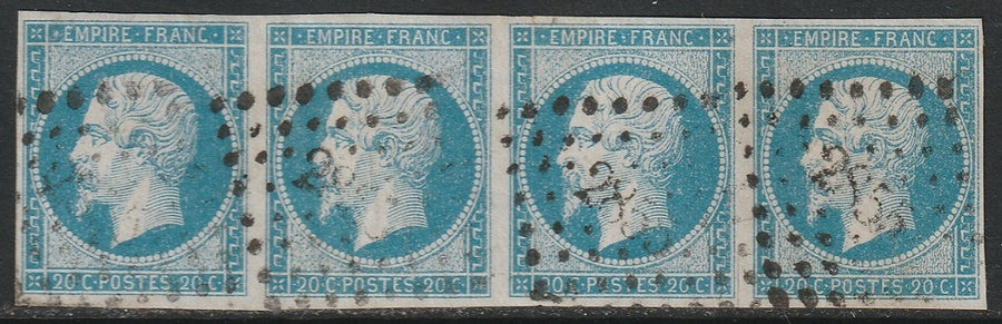 France 1854 Sc 15 used sky blue strip of 4 used "2855" (Sedan) cancel