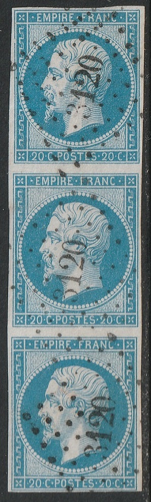 France 1854 Sc 15 used strip of 3 "3120" () cancels