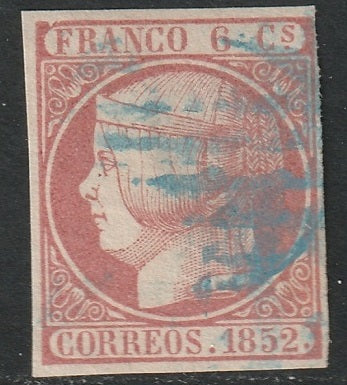 Spain 1852 Sc 12 used blue grid cancel