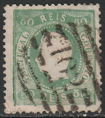 Portugal 1868 Sc 29 used "102" Pombal cancel green repaired LL corner