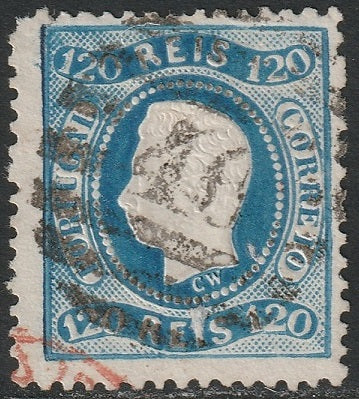 Portugal 1867 Sc 32 used "46" Porto & red cancels sky blue