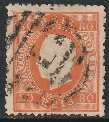 Portugal 1870 Sc 44 used "1" (Lisboa) cancel orange vermilion perf 12.5