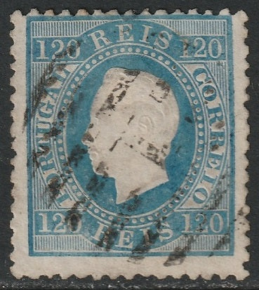 Portugal 1871 Sc 46 used "1" (Lisboa) cancel bright blue perf 12.5 small thin