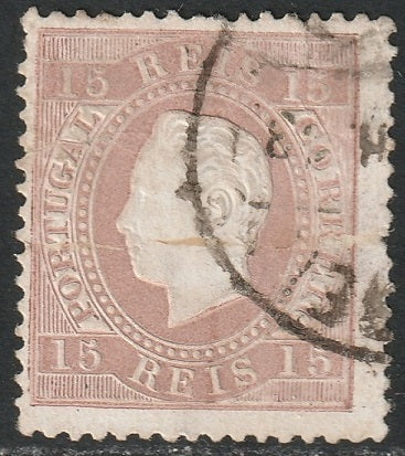 Portugal 1875 Sc 38a used large paper fold pale lilac brown perf 13.5