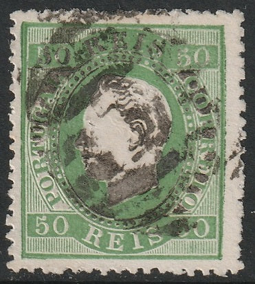 Portugal 1870 Sc 42a used "1" (Lisboa) cancel green perf 13.5