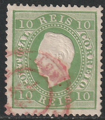 Portugal 1880 Sc 37c used red cancel deep yellow green perf 13.5