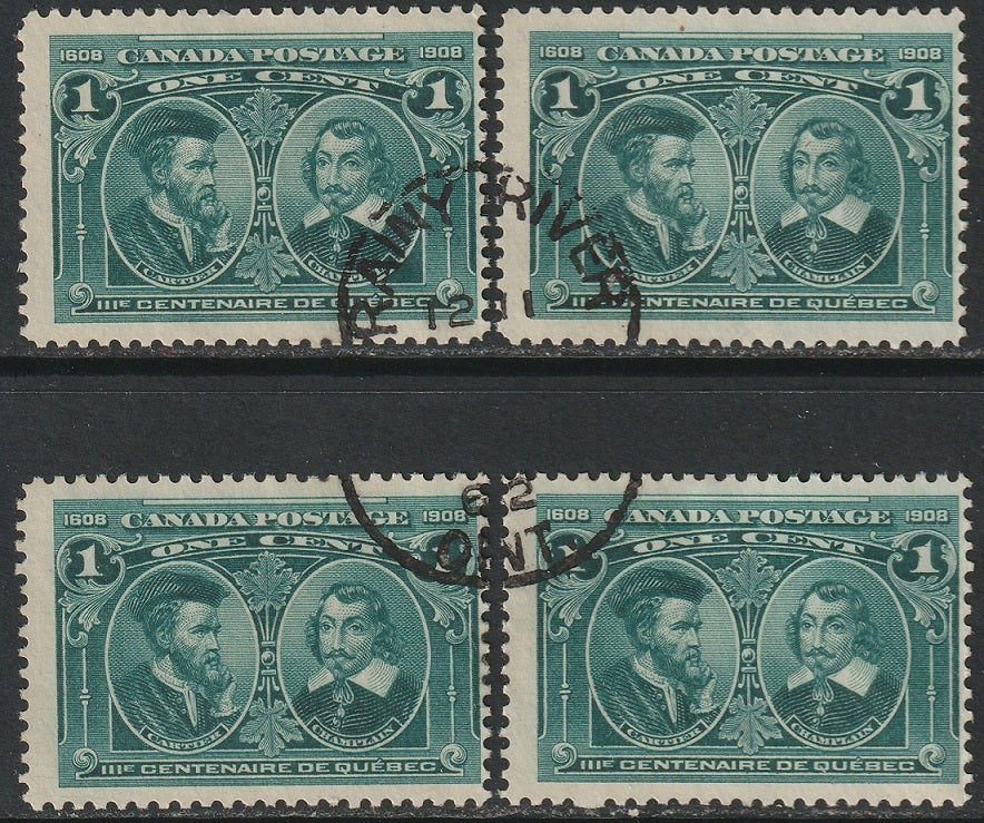 Canada 1908 Sc 97 set of 4 used Rainy River ON cancel