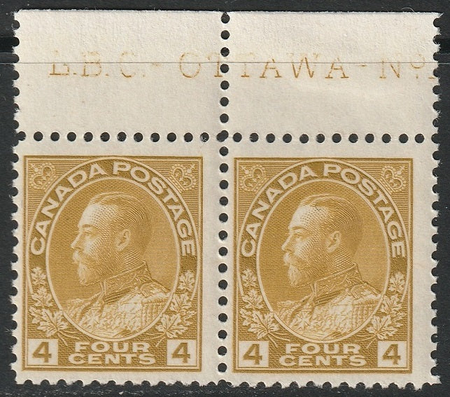 Canada 1925 Sc 110d plate inscription pair MNH**/MH* yellow ochre dry printing