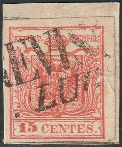 Lombardy Venetia 1852 Sc 4a used Treviso cancel repaired signed E Diena vivid red carmine shade