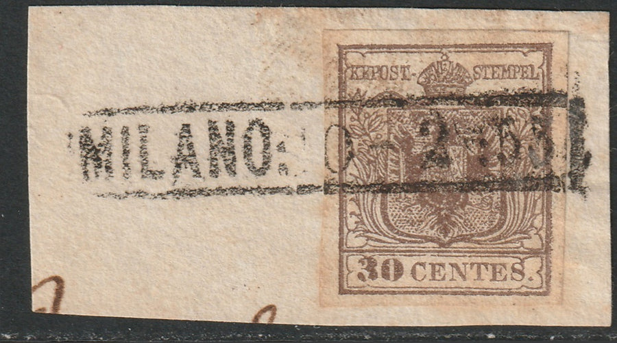 Lombardy Venetia 1850 Sc 5c used Milano cancel on piece type I