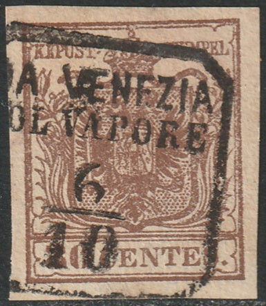 Lombardy Venetia 1851 Sc 5a used ribbed paper Da Venezia col Vapore cancel