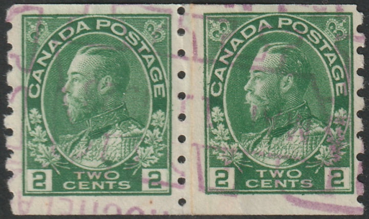 Canada 1922 Sc 128i coil paste-up pair used Banque d'Hochelaga cancel