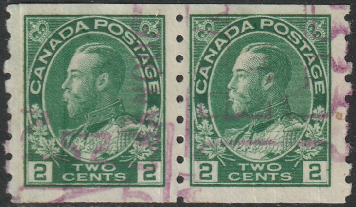 Canada 1922 Sc 128i coil paste-up pair used Banque d'Hochelaga cancel