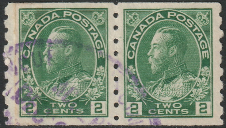 Canada 1922 Sc 128i coil paste-up pair used Quebec government cancel