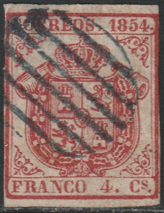 Spain 1854 Sc 25 used blue grid cancel thin white paper