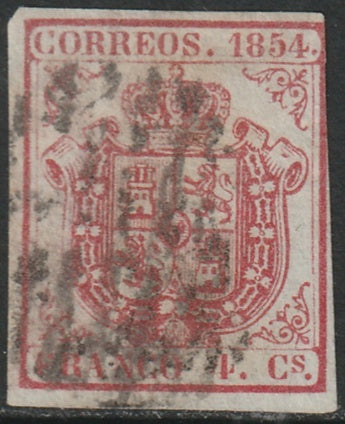 Spain 1854 Sc 25a used grid cancel thicker white paper