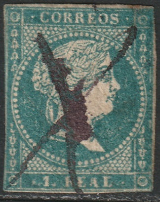 Spain 1856 Sc 42 used pen cancel toning spots