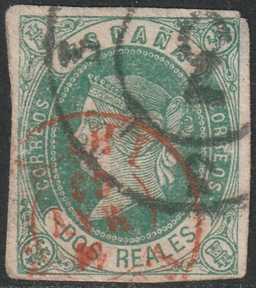 Spain 1862 Sc 60b used red Ibiza & cartwheel "3" (Cadiz) cancels thins