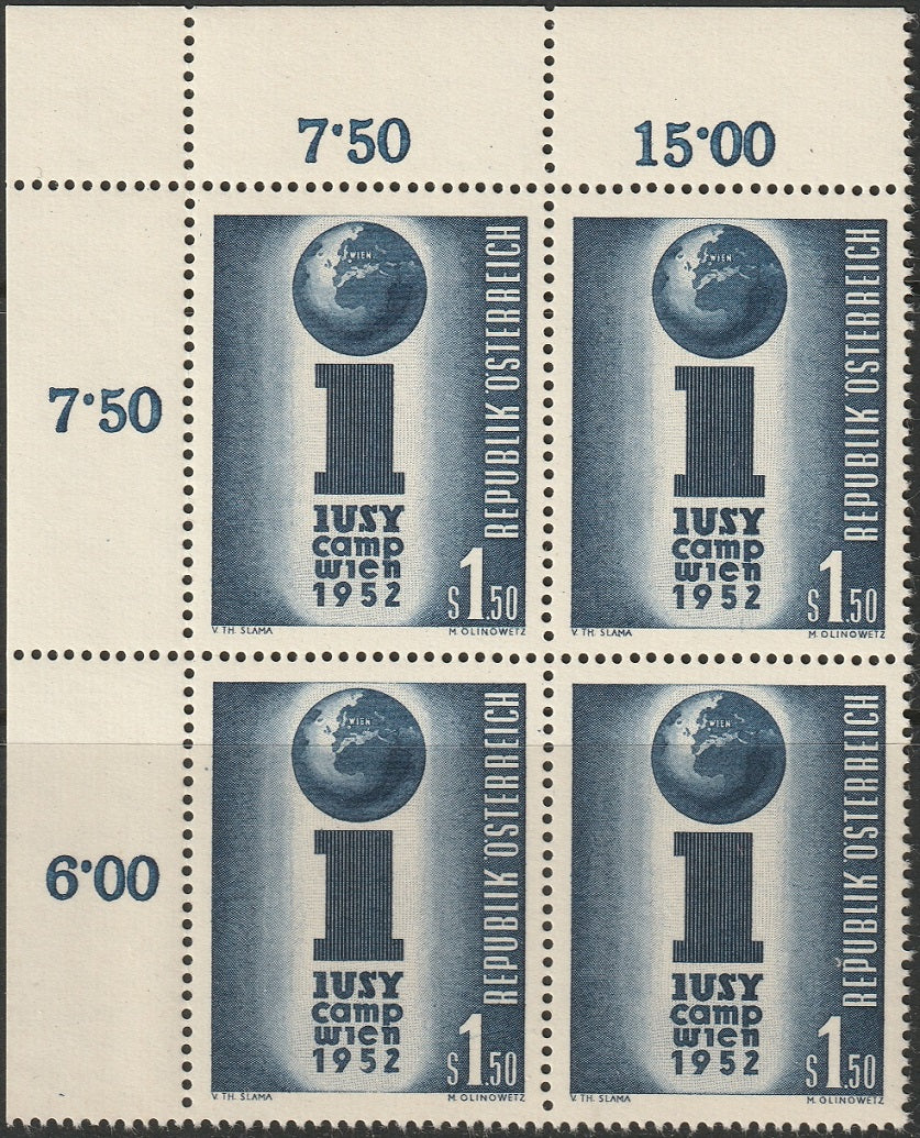 Austria 1952 Sc 581 corner inscription block MNH**