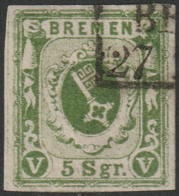 Bremen 1859 Sc 4a used chalky paper Bremen box cancel tiny edge thins