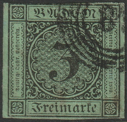 Baden 1853 Sc 7 used "81" (Langendenzlingen) cancel thins