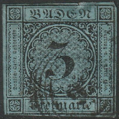 Baden 1858 Sc 8 used "92" (Moskirch) cancel small tear/thins