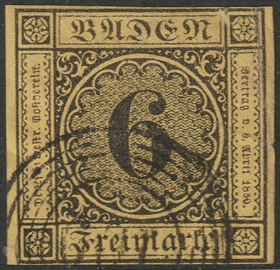 Baden 1853 Sc 9 used "109" (Pforzheim) cancel crease