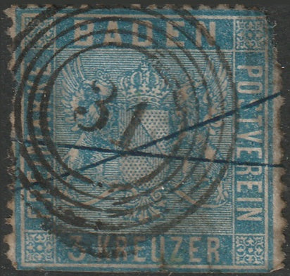 Baden 1860 Sc 12a used faulty "31" (Eberbach) cancel large thins/damaged corner