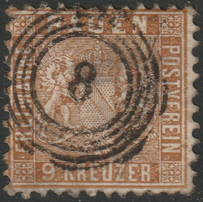 Baden 1862 Sc 17 used "8" (Baden) cancel large thin