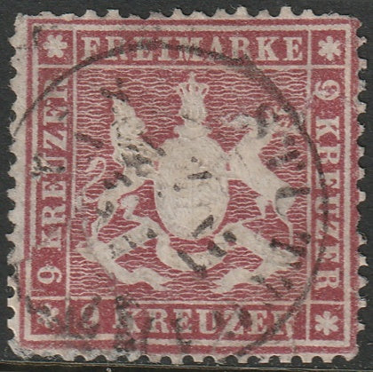 Wurttemberg 1861 Sc 27a used faulty repaired corner Stuttgart cancel thin paper