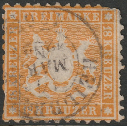 Wurttemberg 1864 Sc 40 used Heilbronn cancel damaged corner