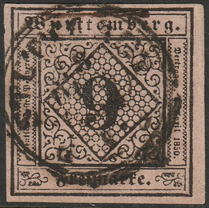 Wurttemberg 1851 Sc 5 used Stettin cancel small thin