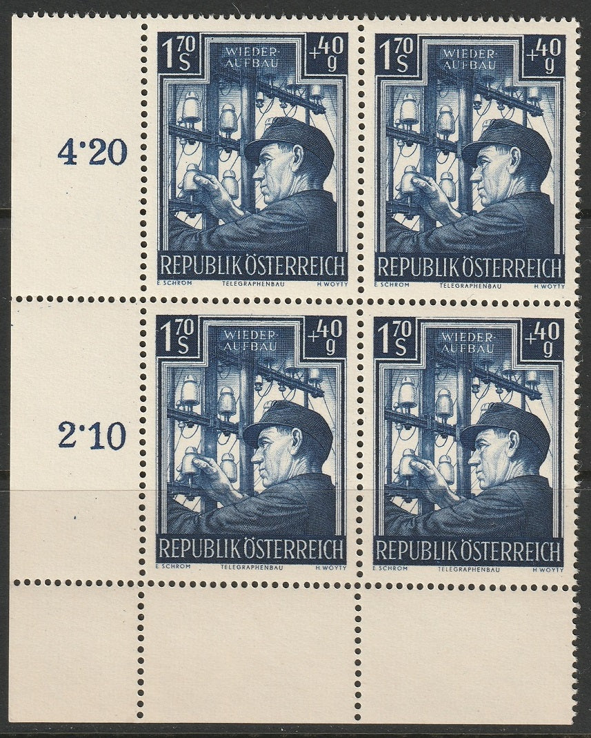 Austria 1951 Sc B276 corner inscription block MNH**