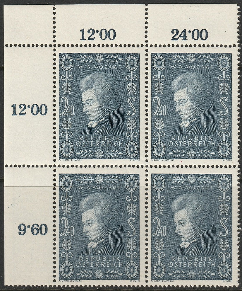 Austria 1956 Sc 609 corner inscription block MNH**